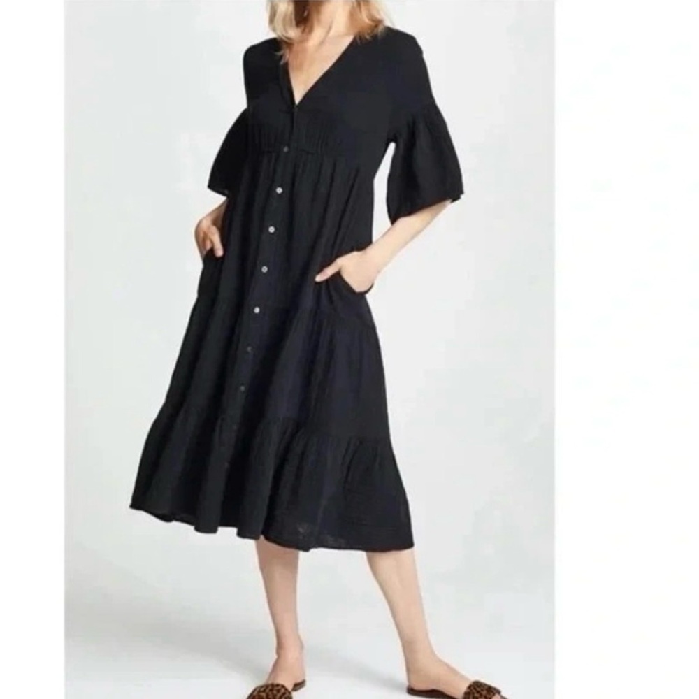 Xirena Kendall Gauze Cotton Tiered Midi Dress Flutter Sleeves In Black Women's M